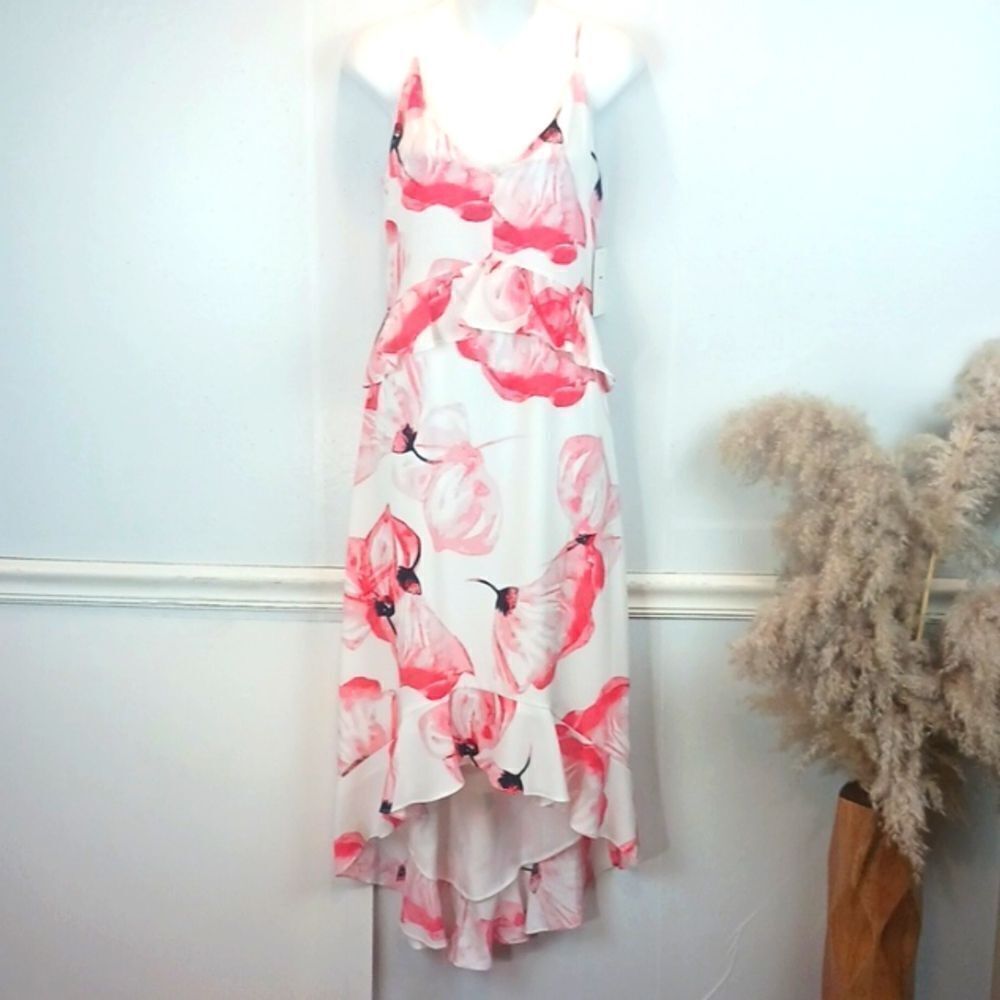 Halston White / Pink floral sleeveless ruffle peplum hi lo midi dress ( M) Fairy